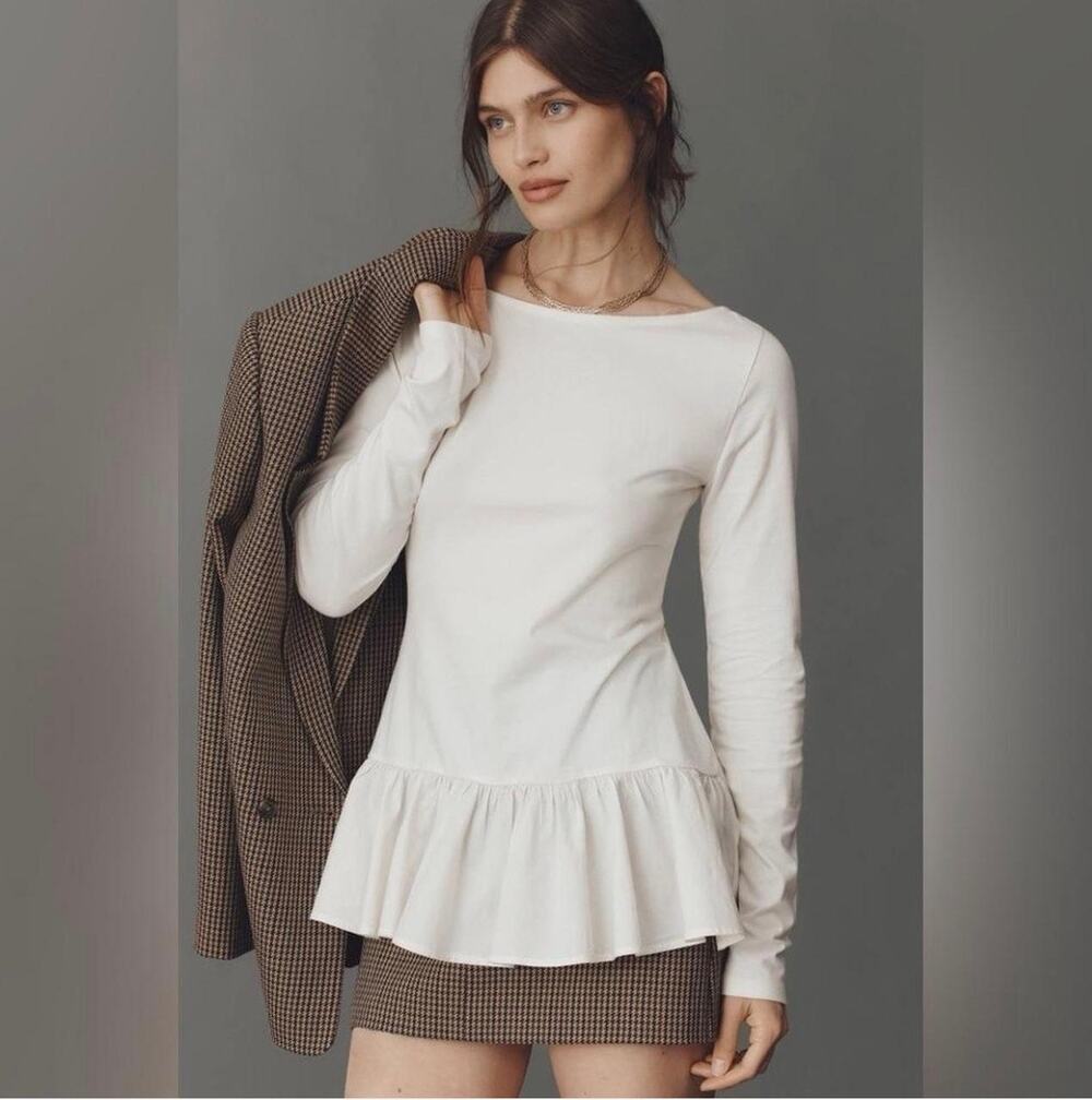 Maeve by Anthropologie Sz L long-sleeve white peplum top scoop neckline ruffle